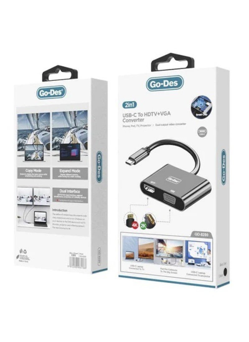 Go-Des 2-in-1 USB-C to HDTV + VGA Converter GD-8280