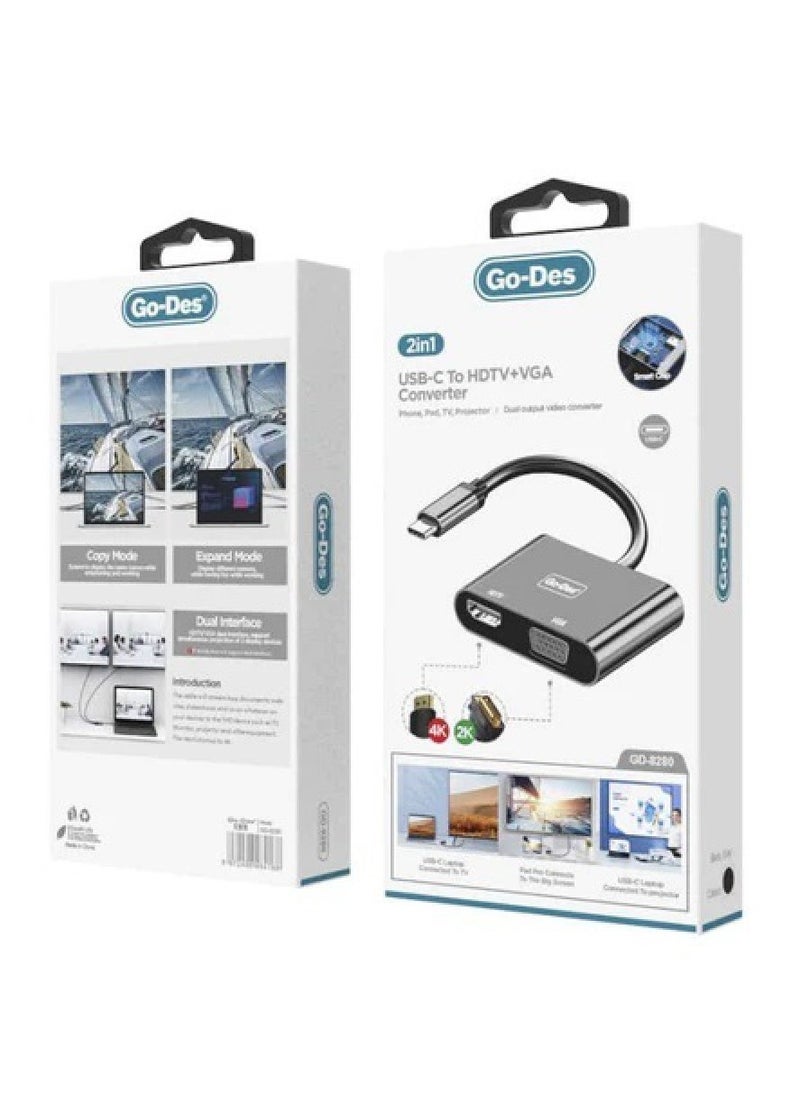 Go-Des 2-in-1 USB-C to HDTV + VGA Converter GD-8280