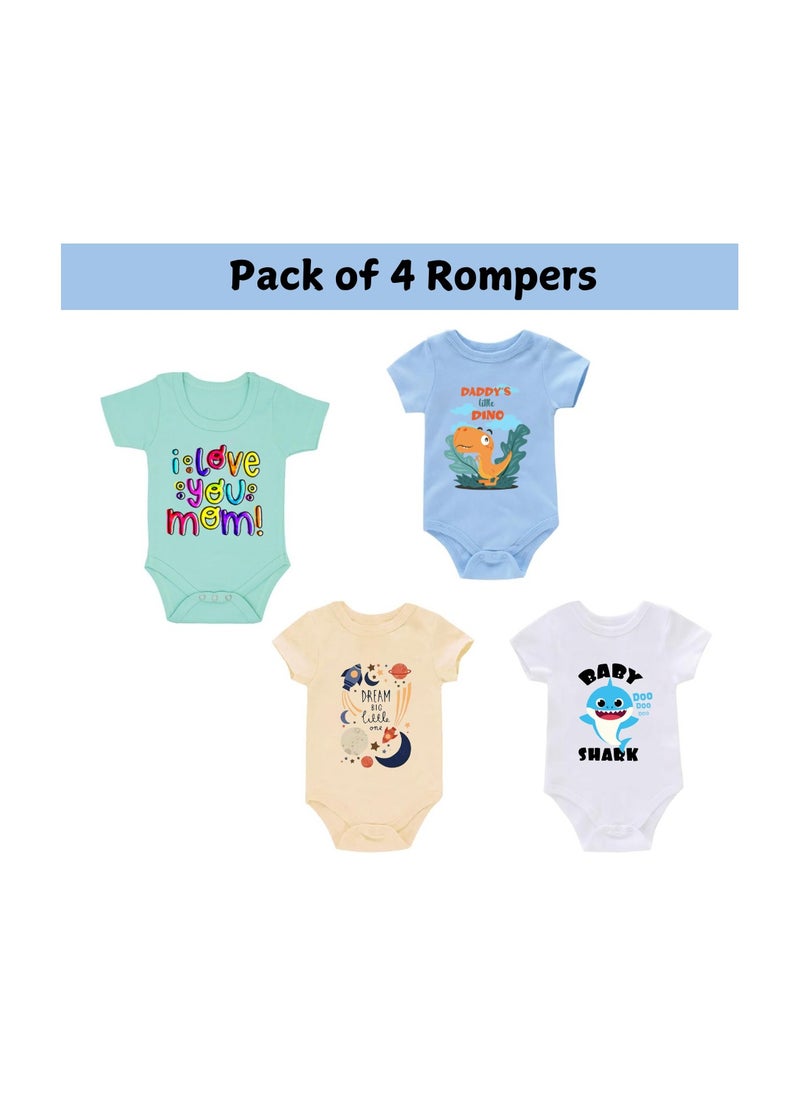 Pack Of 4 Short Sleeve Cotton Rompers For Baby Boys-Outfits For Newborns And Toddlers With Snap Closure-Gift For Baby Boys