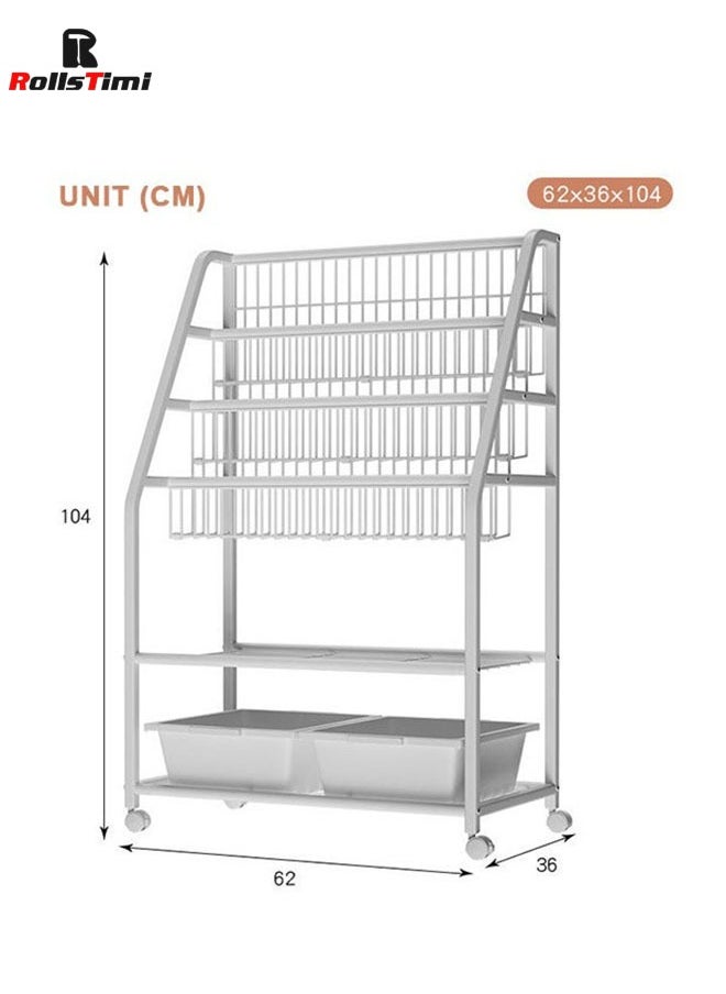 Childrens Bookshelf, Kids Book Rack Organizer Iron Childrens Toy Storage Rack With 2 Storage Box For Playroom Bedroom