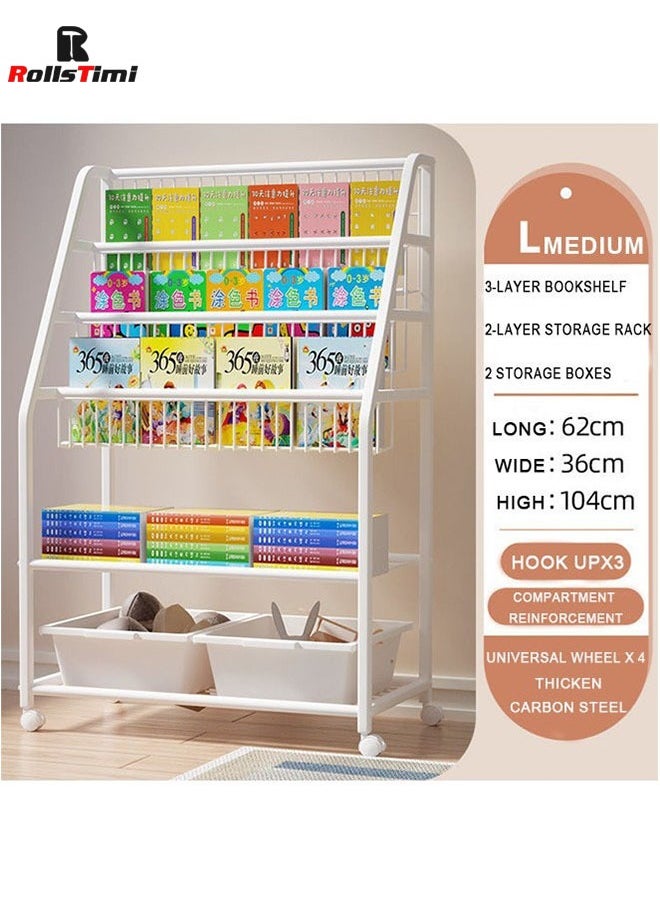 Childrens Bookshelf, Kids Book Rack Organizer Iron Childrens Toy Storage Rack With 2 Storage Box For Playroom Bedroom