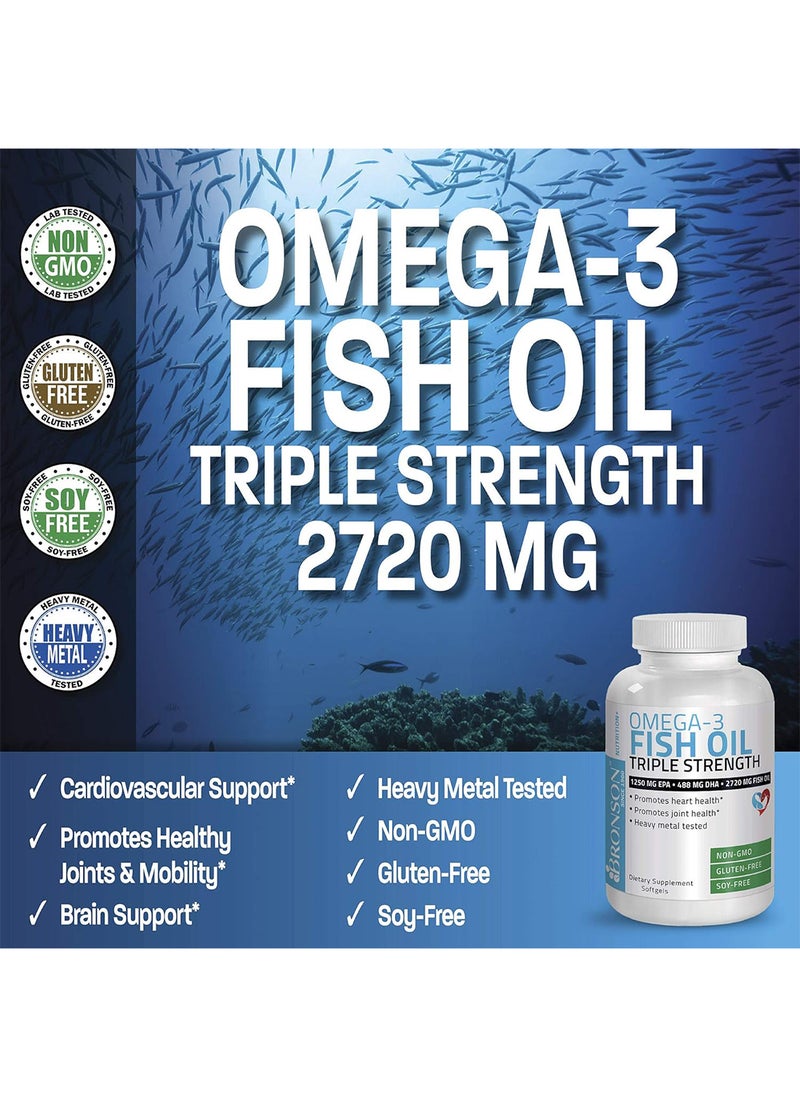 Omega 3 Fish Oil Triple Strength 2720 Mg Nongmo Heavy Metal Tested 1250 Epa 488 Dha 180 Softgels