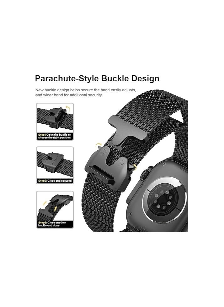 Mesh Loop Compatible with Apple Watch Band Ultra 2/Ultra 49mm 46mm 45mm 44mm Men Women, Designer Parachute-Style Metal Buckle Adjustable Strap for iWatch SE Series 10/9/8/7/6/5/4