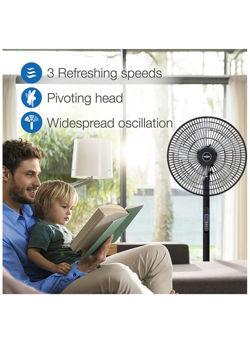 16 Inch Pedestal Fan with Remote Control,5-Blade Oscillating Standing Fan - Adjustable Height,Ultra Quiet,8 Speed,3 Winds Mode,9 Hour Timer,LED Display,90° Pivoting Head Air Circulator Fan (Black)