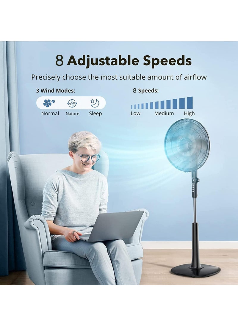 16 Inch Pedestal Fan with Remote Control,5-Blade Oscillating Standing Fan - Adjustable Height,Ultra Quiet,8 Speed,3 Winds Mode,9 Hour Timer,LED Display,90° Pivoting Head Air Circulator Fan (Black)