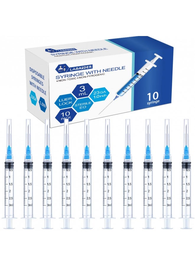 10 Pack 3ml Syringes with Needle - 23G, 1.0 inch Needle Luer Lock Syringe Individually Packaged (3ml, 10)