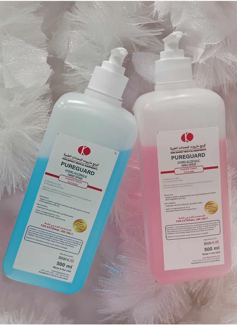 PureGuard | 500ML Hydro-Alcoholic Hand Spray | Blue + Pink Color | Instant Clean Formula | Gentle on Skin | Effective Against a Broad Spectrum of Microorganisms