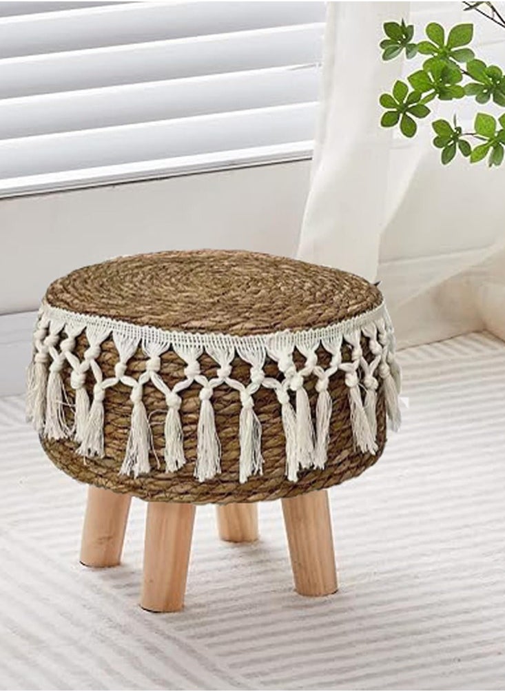 Round Footstool with Wooden Legs - Small Ottoman for Living Room, Bedroom, Kids' Room - Modern Low Stool, Pouf Foot Rest, Beige, 42x42x30 cm