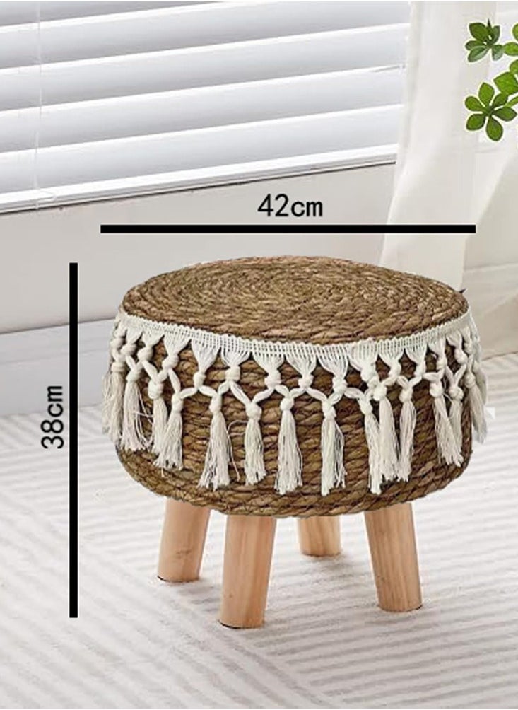 Round Footstool with Wooden Legs - Small Ottoman for Living Room, Bedroom, Kids' Room - Modern Low Stool, Pouf Foot Rest, Beige, 42x42x30 cm