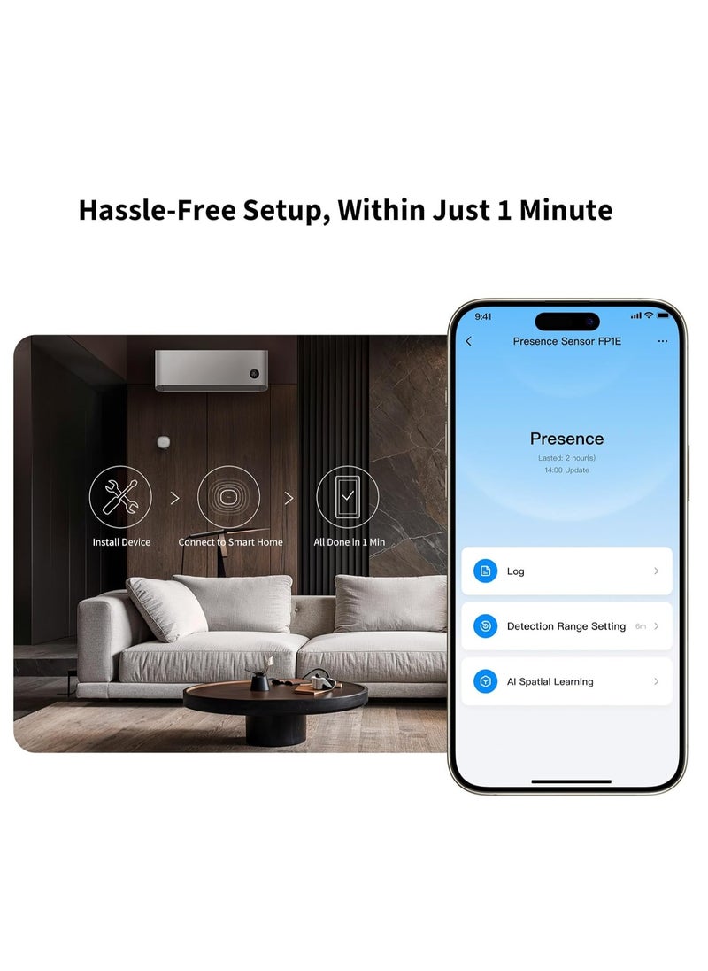 Presence Sensor FP1E with Matter, Zigbee Requires Aqara Zigbee 3.0 HUB, mmWave Radar Wired Motion Sensor, AI Spatial Learning, Supports HomeKit, Alexa, SmartThings-Global version White