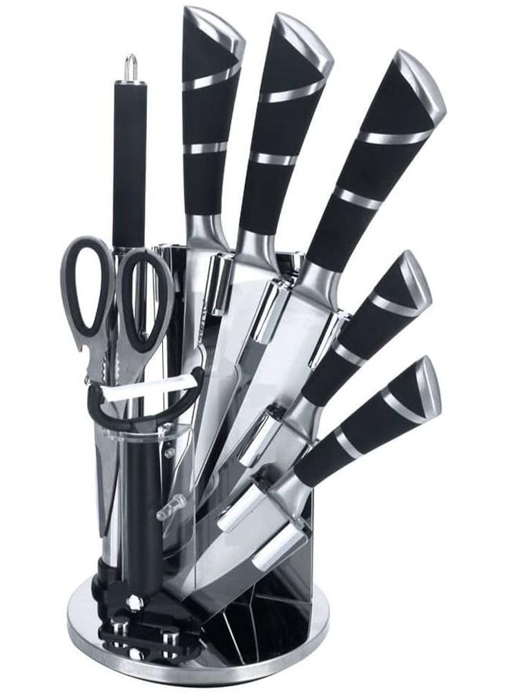 Factory Price 9 Pcs Stainless Steel Knife Set with Rotating Stand Black