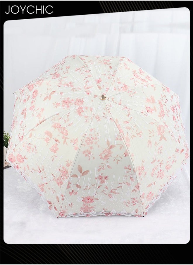 Women Portbale Elegant Lace Pattern Sun-Proof Rain-Resistant 3 Fold Travel Umbrella Pink