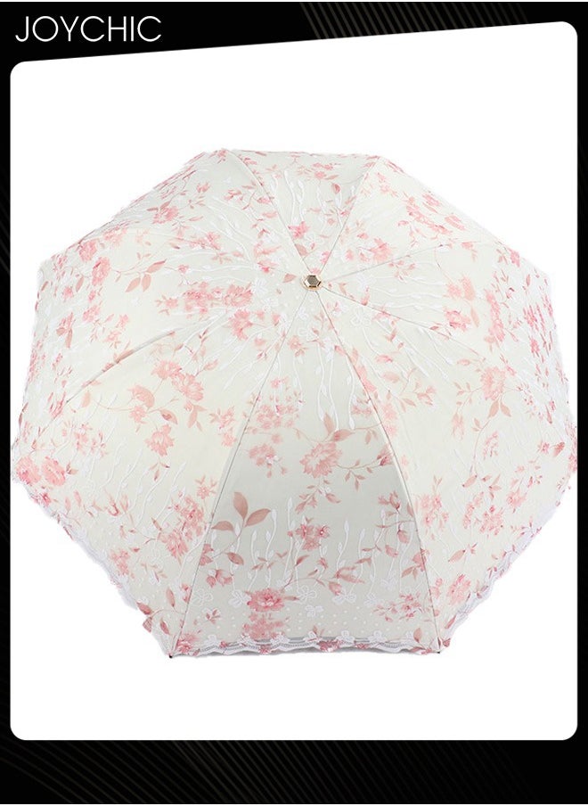 Women Portbale Elegant Lace Pattern Sun-Proof Rain-Resistant 3 Fold Travel Umbrella Pink