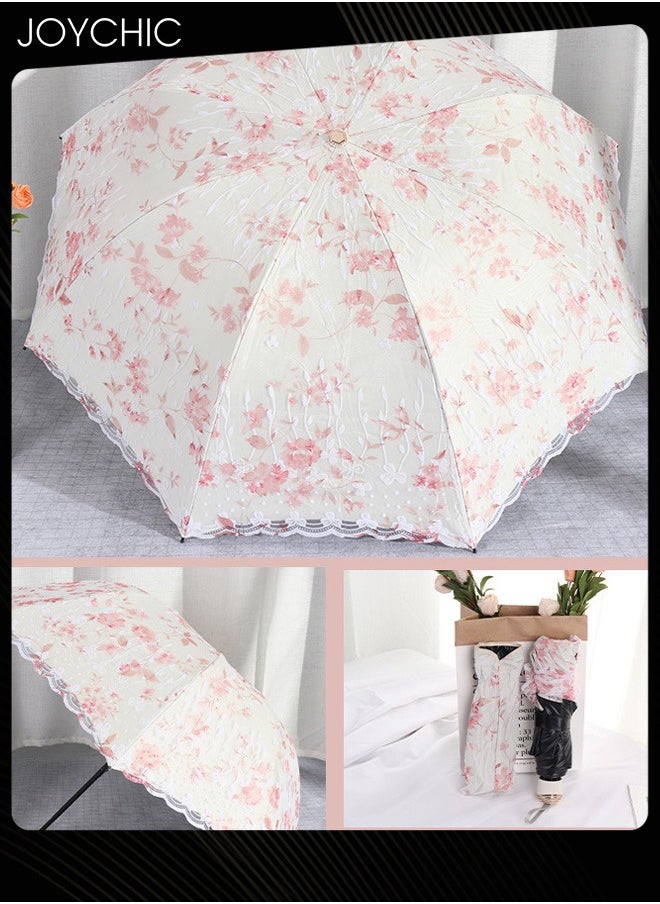 Women Portbale Elegant Lace Pattern Sun-Proof Rain-Resistant 3 Fold Travel Umbrella Pink