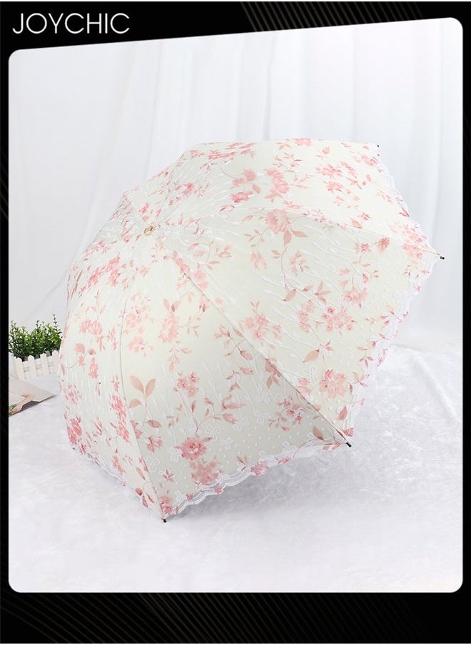 Women Portbale Elegant Lace Pattern Sun-Proof Rain-Resistant 3 Fold Travel Umbrella Pink