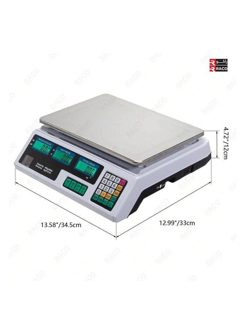 RACO Highly Efficient 40kg Digital Price Computing Scale for Commercial Use, Dual LCD Display, Stainless Steel Platform, Rechargeable Battery, Ideal for Fruits, Vegetables, Meat, and Produce