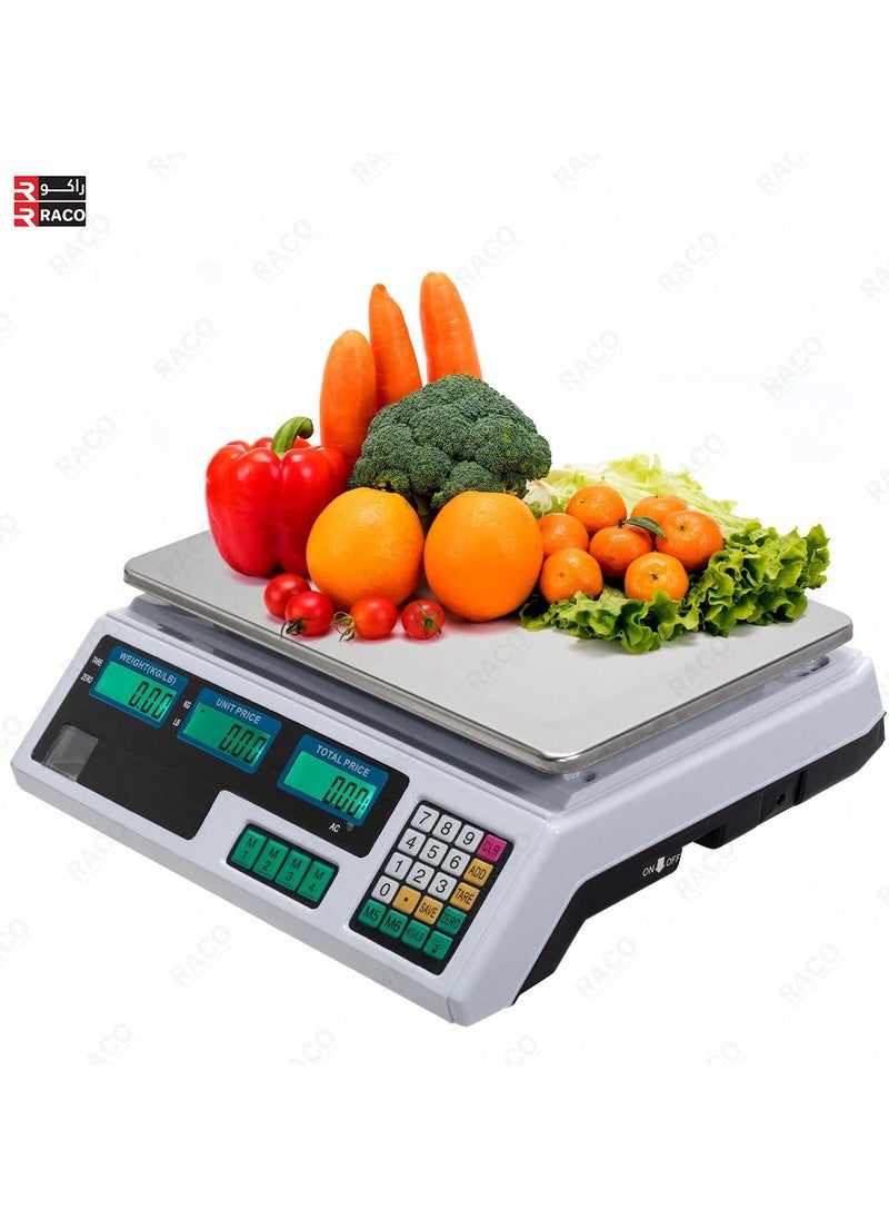 RACO Highly Efficient 40kg Digital Price Computing Scale for Commercial Use, Dual LCD Display, Stainless Steel Platform, Rechargeable Battery, Ideal for Fruits, Vegetables, Meat, and Produce