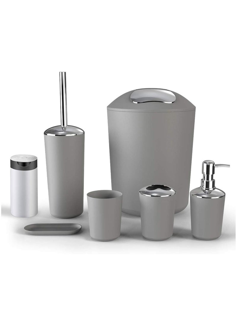 6-Piece Luxury Bathroom Accessories Set in Grey – Soap Dispenser, Toothbrush Holder, Tumblers, Soap Dish, Trash Can & Toilet Brush with Trash Bags