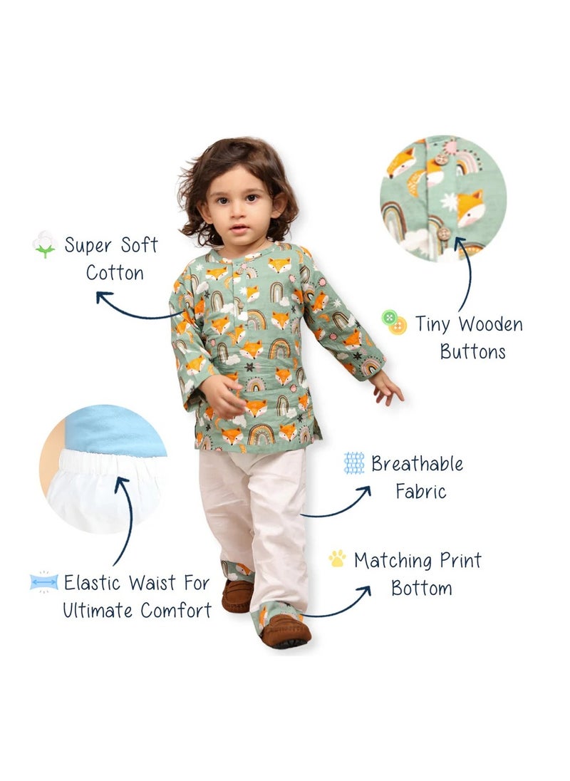 Polka Tots Full Sleeves Night Wear Wolf Kurta Pyjama - Rainbow