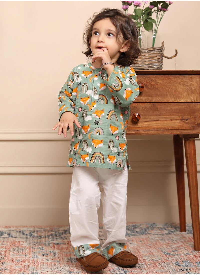 Polka Tots Full Sleeves Night Wear Wolf Kurta Pyjama - Rainbow