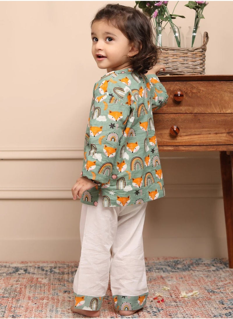 Polka Tots Full Sleeves Night Wear Wolf Kurta Pyjama - Rainbow