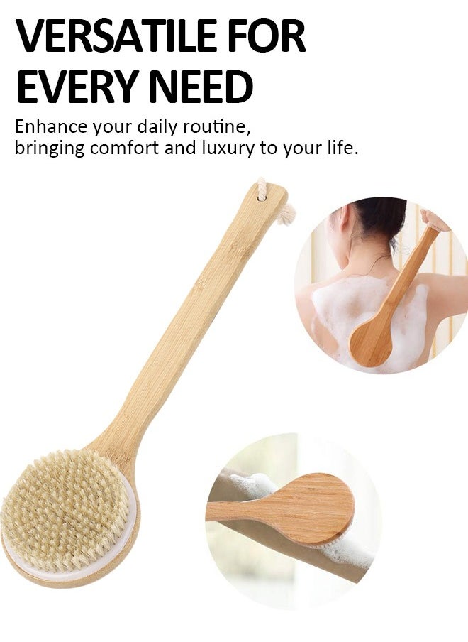 Round Bamboo Body Brush with Soft Bristles and Anti-Slip Handle, Double-Sided Handheld Bath Brush Set with Massage Nodules, Includes Long-Handle and Palm-Size Brushes, Ideal for Exfoliating and Skin Massaging