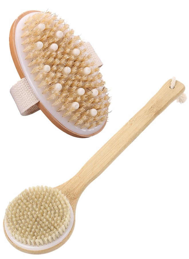 Round Bamboo Body Brush with Soft Bristles and Anti-Slip Handle, Double-Sided Handheld Bath Brush Set with Massage Nodules, Includes Long-Handle and Palm-Size Brushes, Ideal for Exfoliating and Skin Massaging