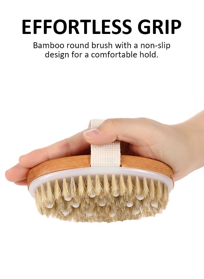 Round Bamboo Body Brush with Soft Bristles and Anti-Slip Handle, Double-Sided Handheld Bath Brush Set with Massage Nodules, Includes Long-Handle and Palm-Size Brushes, Ideal for Exfoliating and Skin Massaging