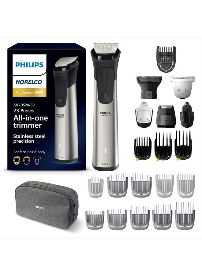 Philips Multi Groomer 23 Piece Men's Grooming Kit, Trimmer for Beard, Head, Face, Body, and Groin - Stainless Steel Precision. No Blade Oil Needed. MG9520/50