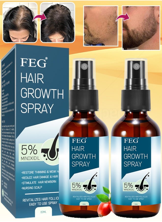 2 Pcs Hair Growth Spray 5% Minoxidil Hair Growth Oil Spray for Dry Damaged Hair and Growth Hair Scalp Oil Pure and Natural Hair Growth Serum Spray Hair Loss Treatment Oil Beard Growth Spray 60ml x 2