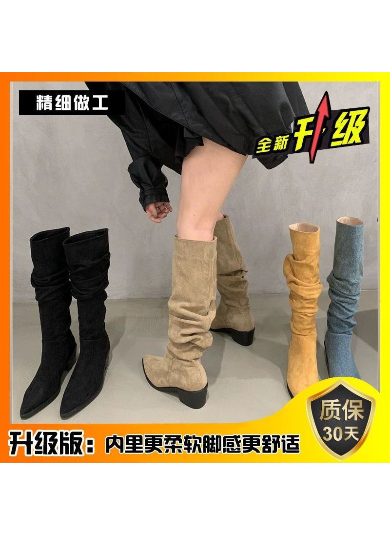 2023 British Velvet High-Heel Cowboy Boots for Women khaki Upgrade