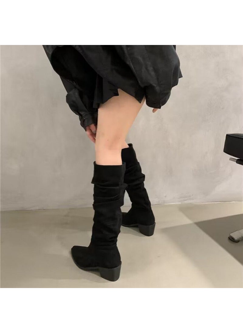 2023 British Velvet High-Heel Cowboy Boots for Women Black