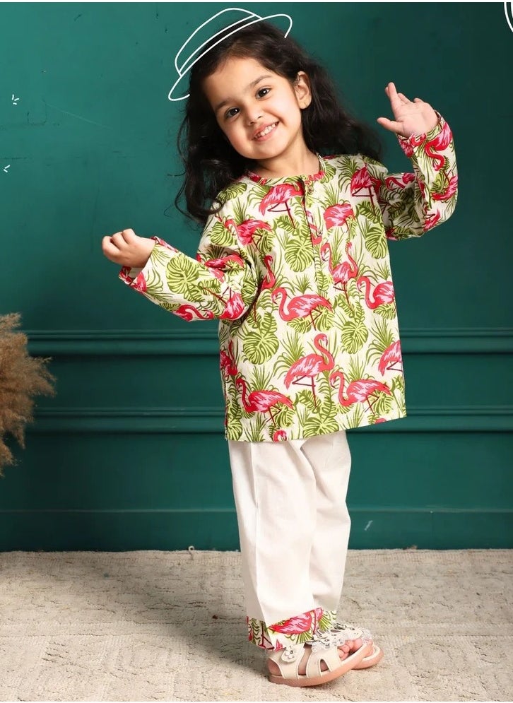 Polka Tots Full Sleeves Night Wear Swan Kurta Pyjama - Pink