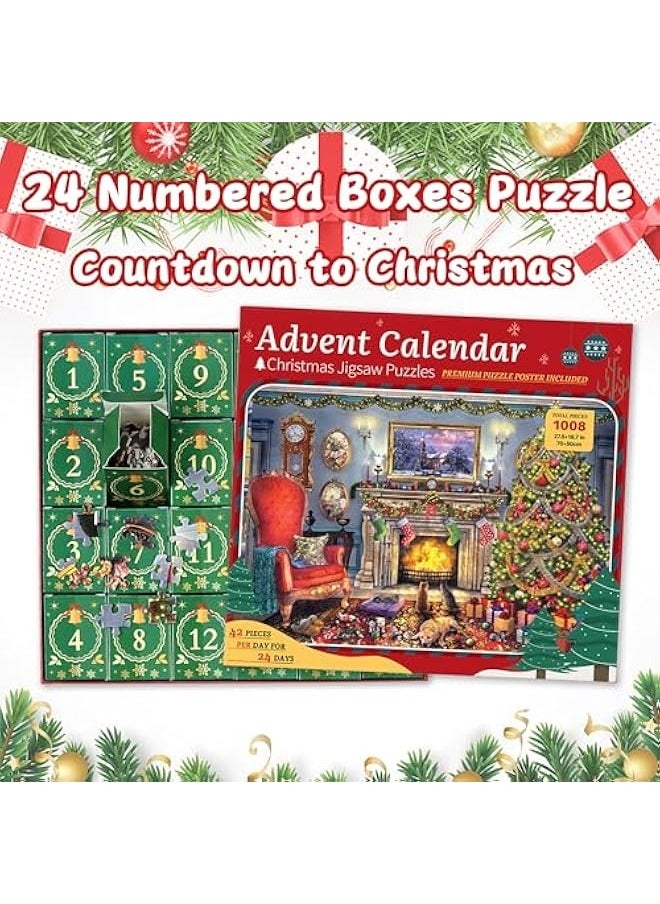 Christmas Advent Calendar Jigsaw Puzzles for Adults and Kids- Festive Fireplace in Warm Christmas Holiday Puzzle, 24 Parts -1008 Pieces Jigsaw Puzzles for Countdown to Christmas Puzzles Gift