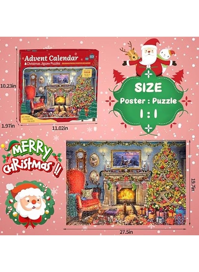 Christmas Advent Calendar Jigsaw Puzzles for Adults and Kids- Festive Fireplace in Warm Christmas Holiday Puzzle, 24 Parts -1008 Pieces Jigsaw Puzzles for Countdown to Christmas Puzzles Gift