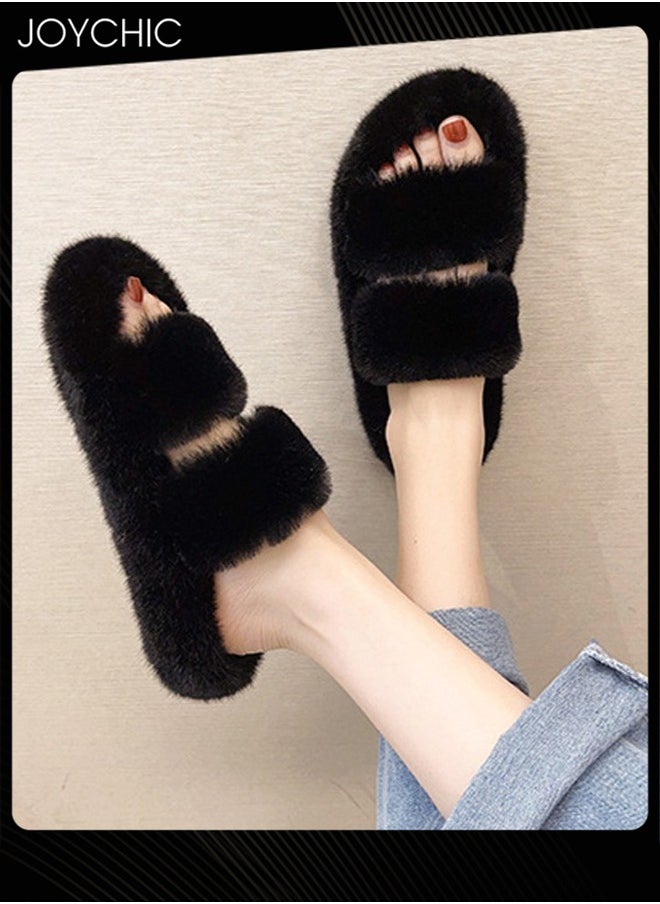 Stylish Women Faux Fur Open Toe Flat Indoor Slippers Autumn and Winter Warm Household Bedroom Comsoft Slippers Black