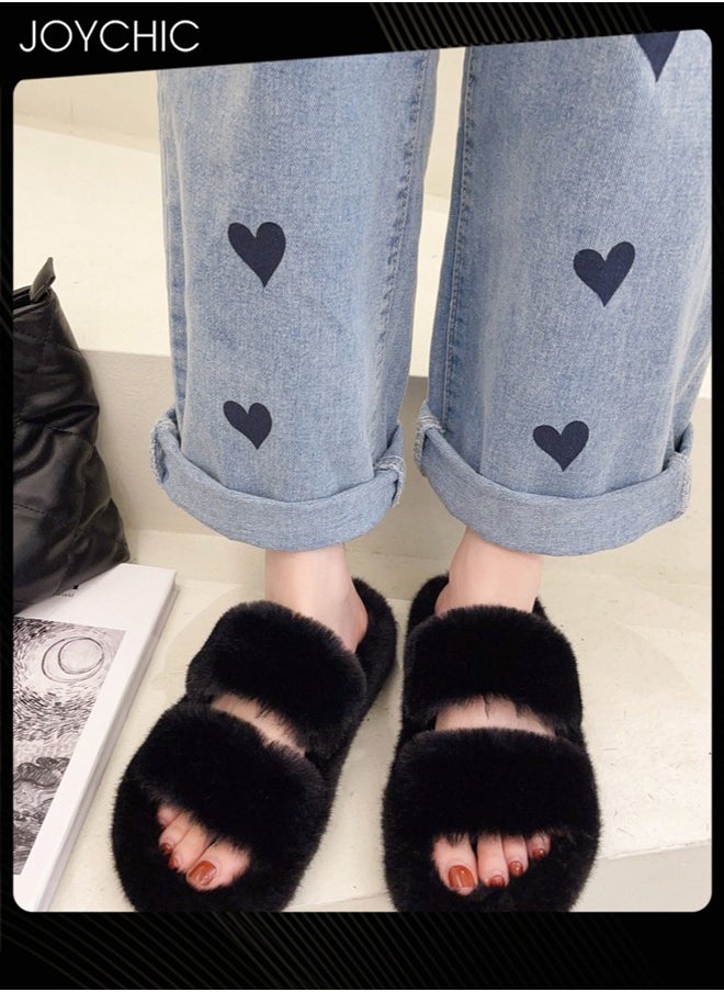 Stylish Women Faux Fur Open Toe Flat Indoor Slippers Autumn and Winter Warm Household Bedroom Comsoft Slippers Black