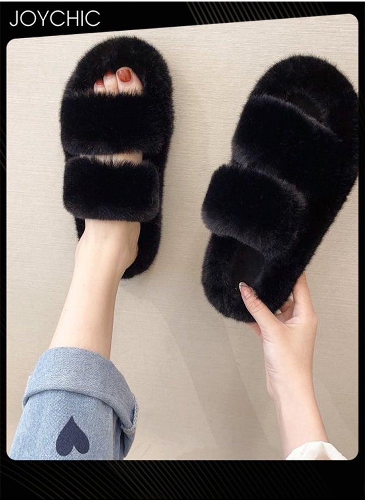 Stylish Women Faux Fur Open Toe Flat Indoor Slippers Autumn and Winter Warm Household Bedroom Comsoft Slippers Black