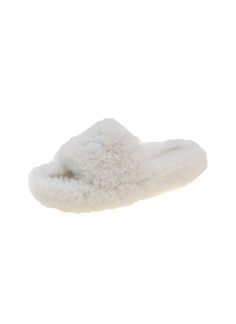 2023 Autumn Winter Thick Sole Fuzzy Slippers for WomenCross plush slippers-White Cross plush slippers-White