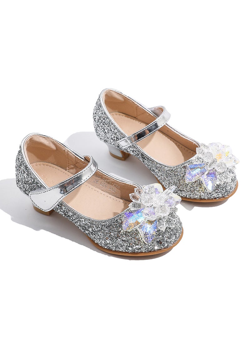 Girls High Heels Baby Princess Children Single Shoes Small Girls Performance Crystal Leather Gift Martini Shoes Fiber Material Silver