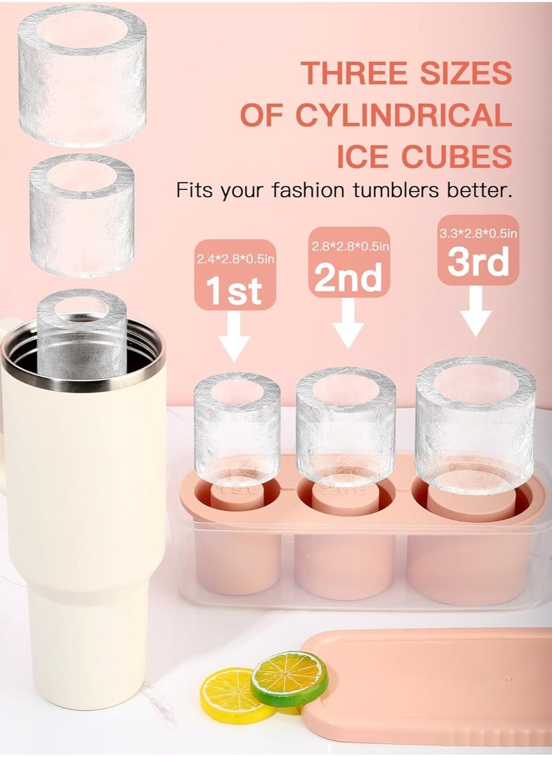 Ice Cube Tray for 30oz - 40oz Glasses, 3 Pieces Silicone Cylindrical Ice Molds with Lid and Ice Box for Refrigerator, Easy Fill and Release Ice Maker for Whiskey, Cocktails, BPA Free (Pink)
