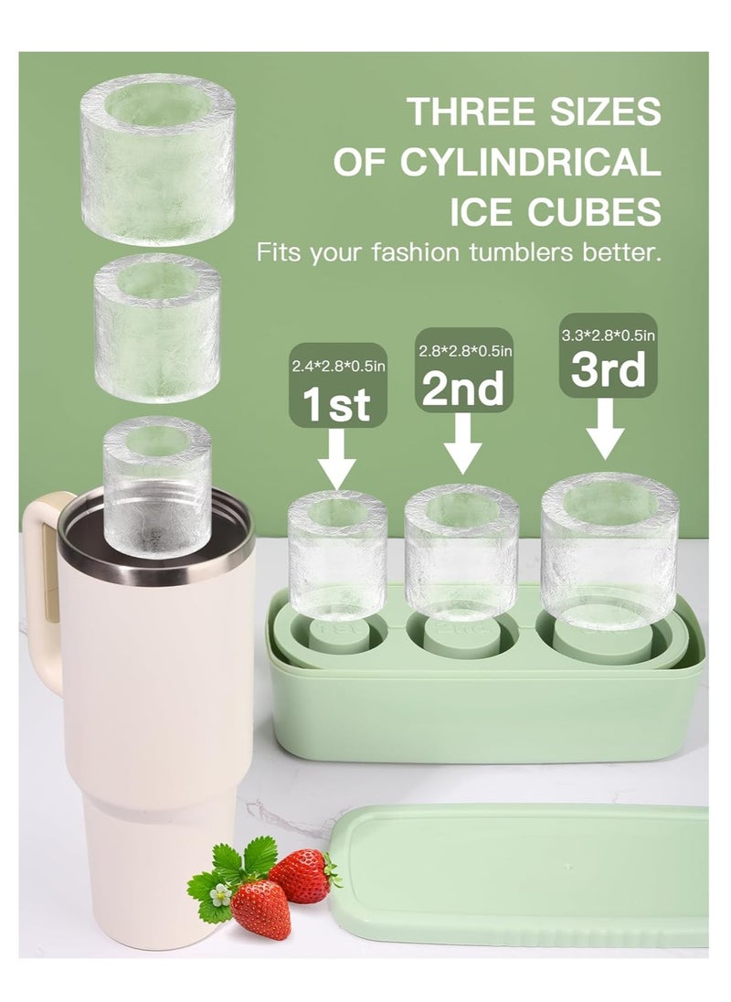 Ice Cube Tray for 30oz - 40oz Glasses, 3 Pieces Silicone Cylindrical Ice Molds with Lid and Ice Box for Refrigerator, Easy Fill and Release Ice Maker for Whiskey, Cocktails, BPA Free (Green)