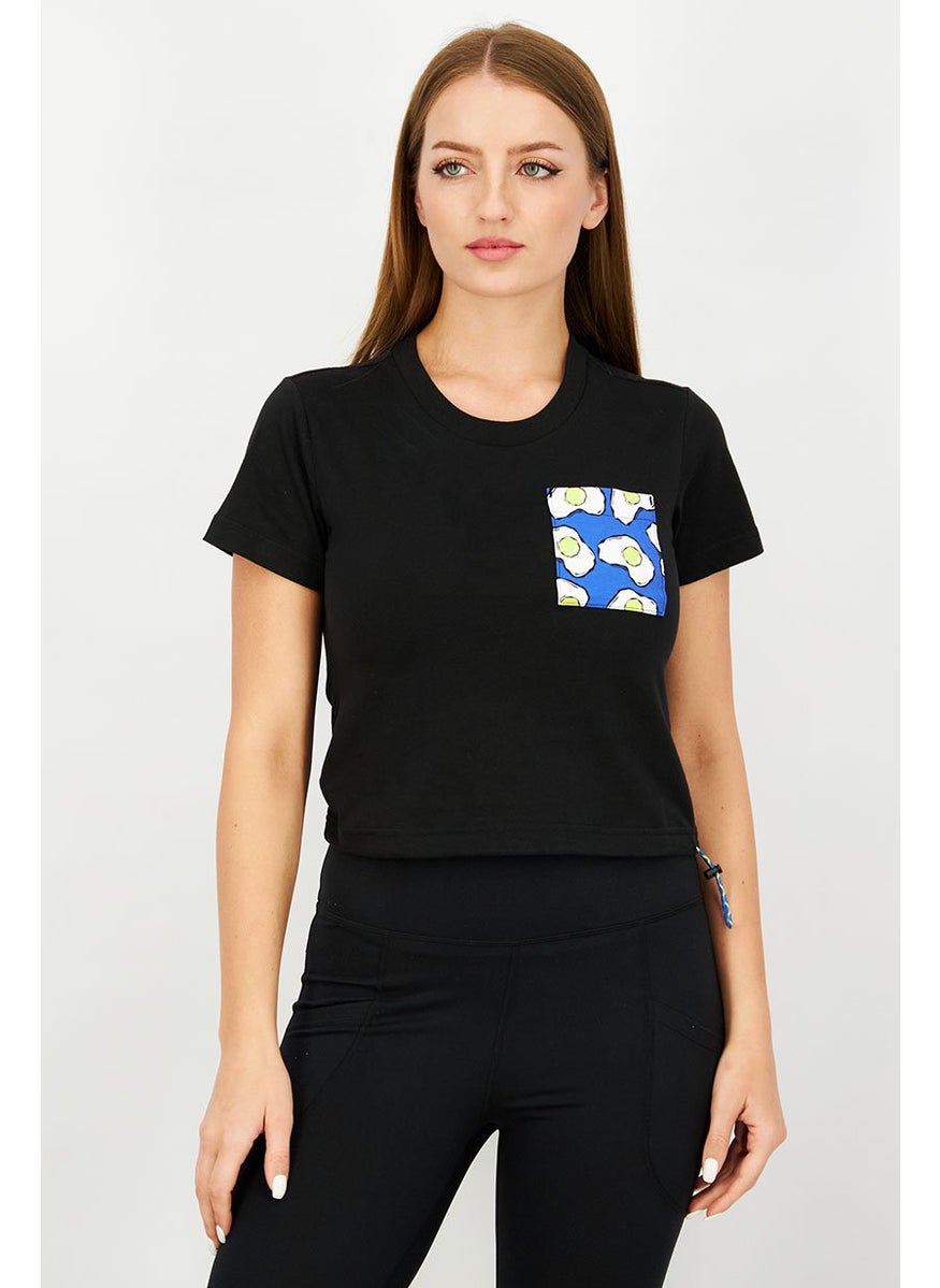 Women Crew Neck Side Drawstring T-shirt, Black Combo