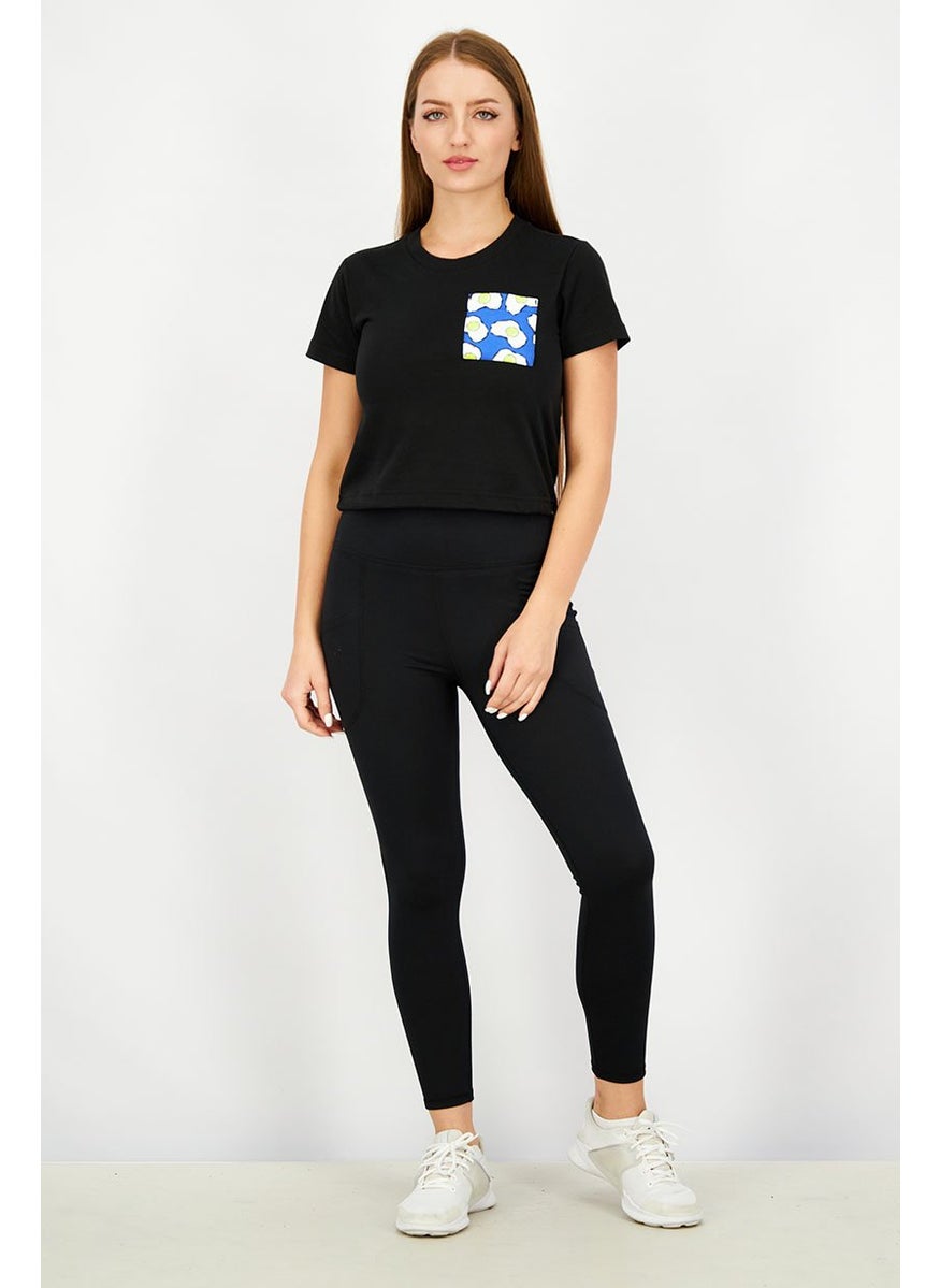 Women Crew Neck Side Drawstring T-shirt, Black Combo