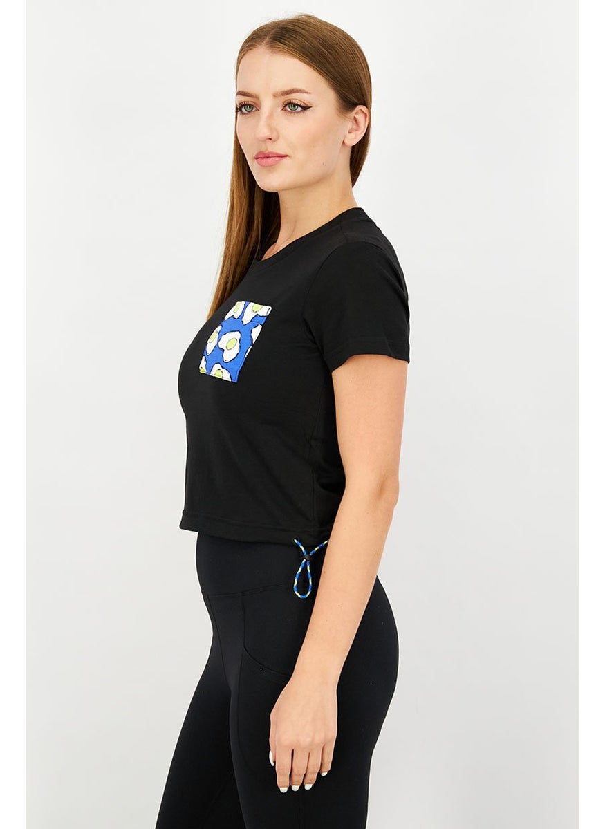 Women Crew Neck Side Drawstring T-shirt, Black Combo