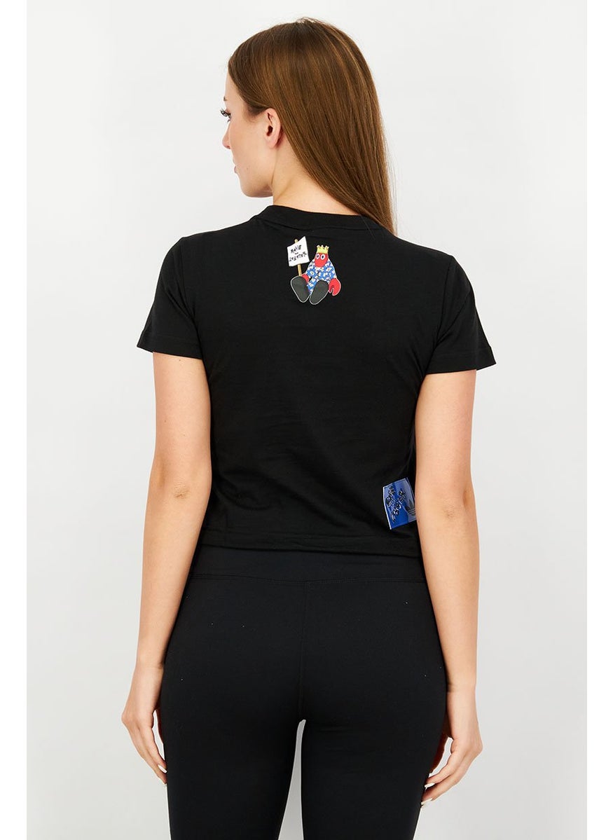 Women Crew Neck Side Drawstring T-shirt, Black Combo