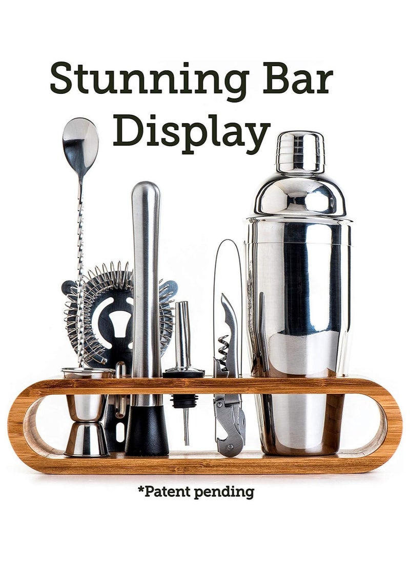 11-Piece Bar Tool Set With Stylish Bamboo Stand - Perfect Home Bartending Kit And Martini Cocktail Shaker For An Awesome Drink Mixing Experience ExclUSive Recipes BonUS, Silver