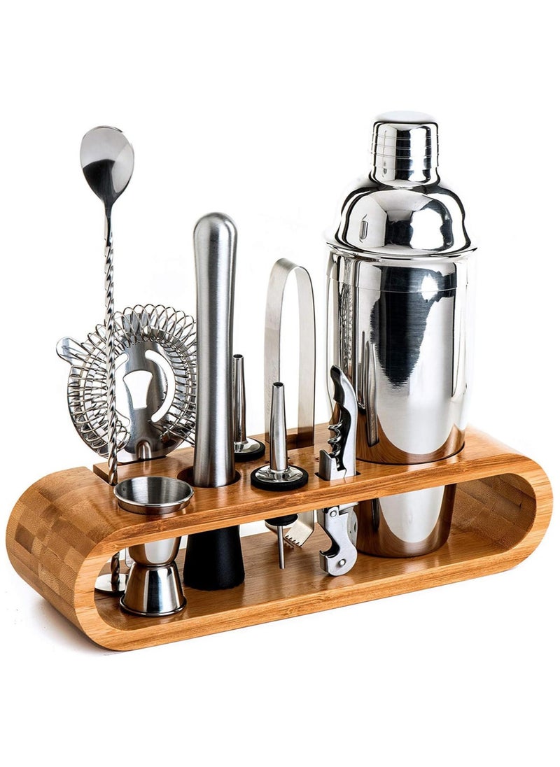 11-Piece Bar Tool Set With Stylish Bamboo Stand - Perfect Home Bartending Kit And Martini Cocktail Shaker For An Awesome Drink Mixing Experience ExclUSive Recipes BonUS, Silver