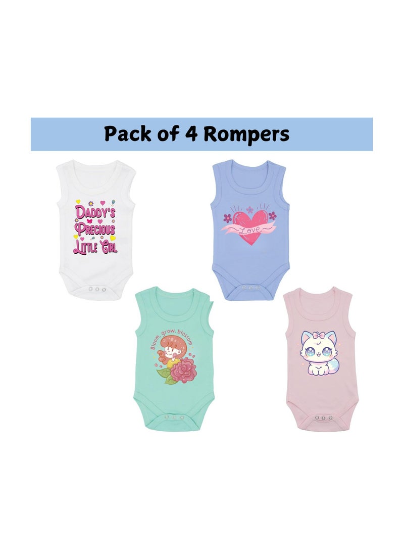 Sleeveless Baby Romper Set For Girls-Pack Of 4 Soft Cotton Rompers-Cute Outfits For Newborns And Toddlers With Snap Closure-Gift For Baby Girls