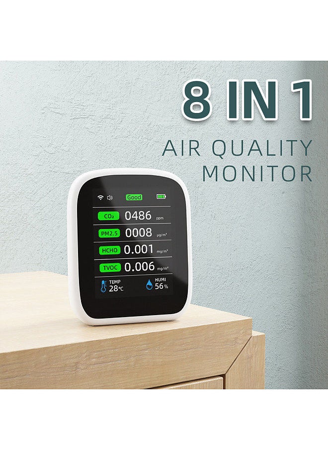 Wifi Portable Air Quality Meter 8in1 PM1.0 PM2.5 PM10 CO2 TVOC HCHO Temperature and Humidity Tester LCD Color Screen Carbon Dioxide Detector with Time and Date Display Function